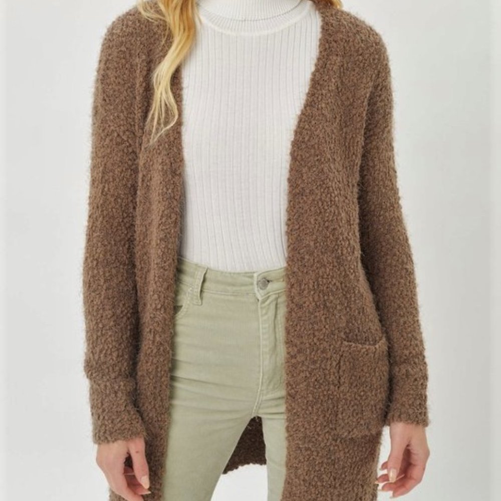 Boucle popcorn long cardigan with front pockets